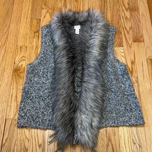 Chicos Brown Faux Fur Collar Sweater Vest‎ with Fringe,  Sleeveless Size 2